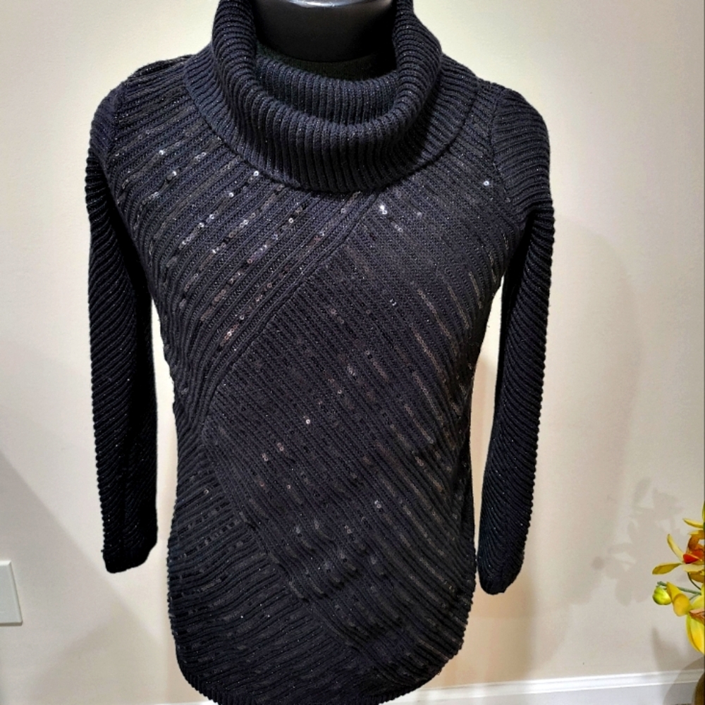 Chico's turtle neck, metallic black sequence, sz2, elegant, festive.